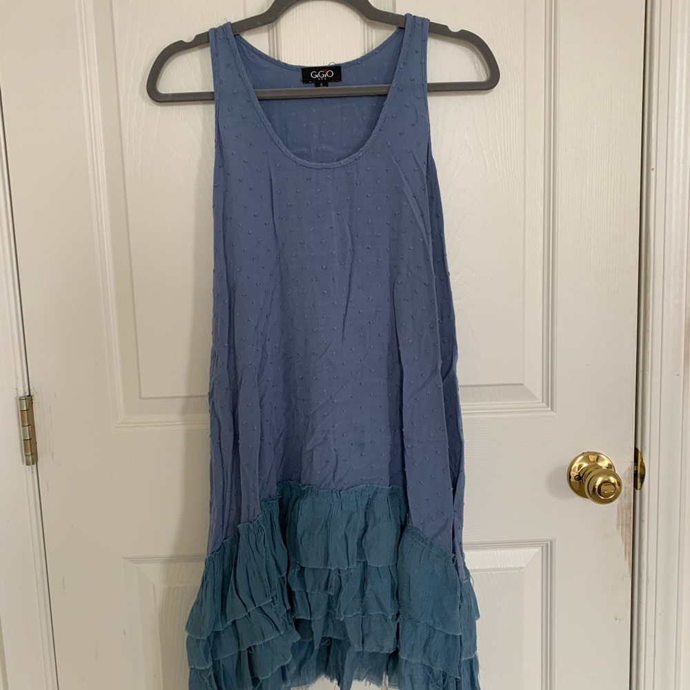 Blue midi dress ruffle tiered bottom skirt